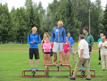 M19 SM-kilpailut Huittisissa heinäkuu 2014.
Kuvassa: Markus Skyttä, Samuli Samuelsson ja Teemu Veteläsuo